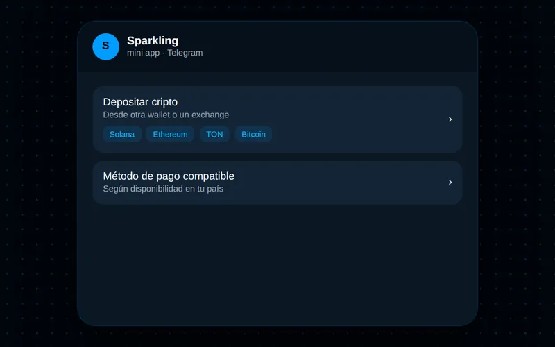 Pantalla Añadir fondos de Sparkling con depósito de cripto en Solana, Ethereum, TON o Bitcoin