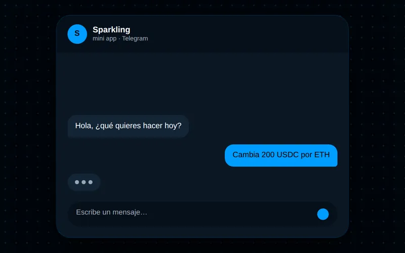 Chat de Sparkling con el mensaje «Cambia 200 USDC por ETH» mientras el agente prepara la operación